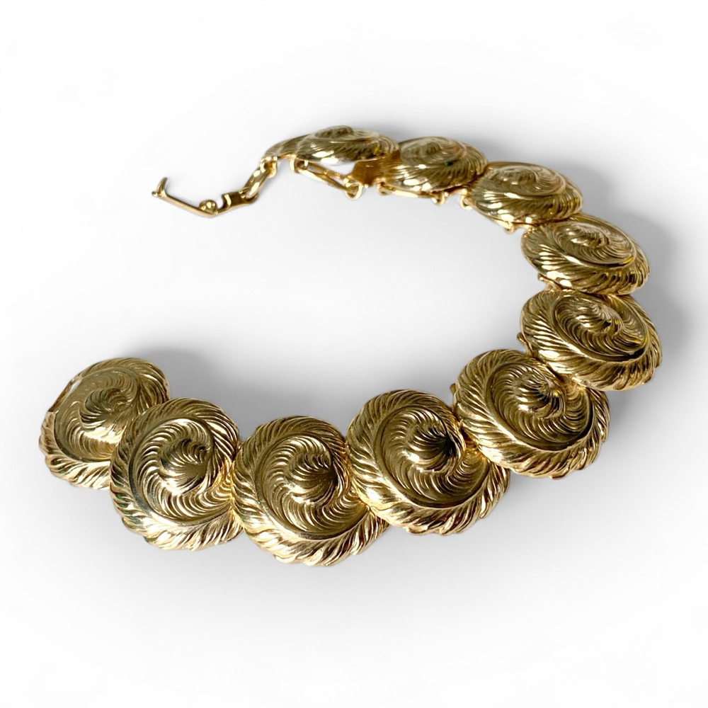 Vintage Goldtone Domed Feather Plume Fern Runway Statement Link Bracelet. - Picture 6 of 8